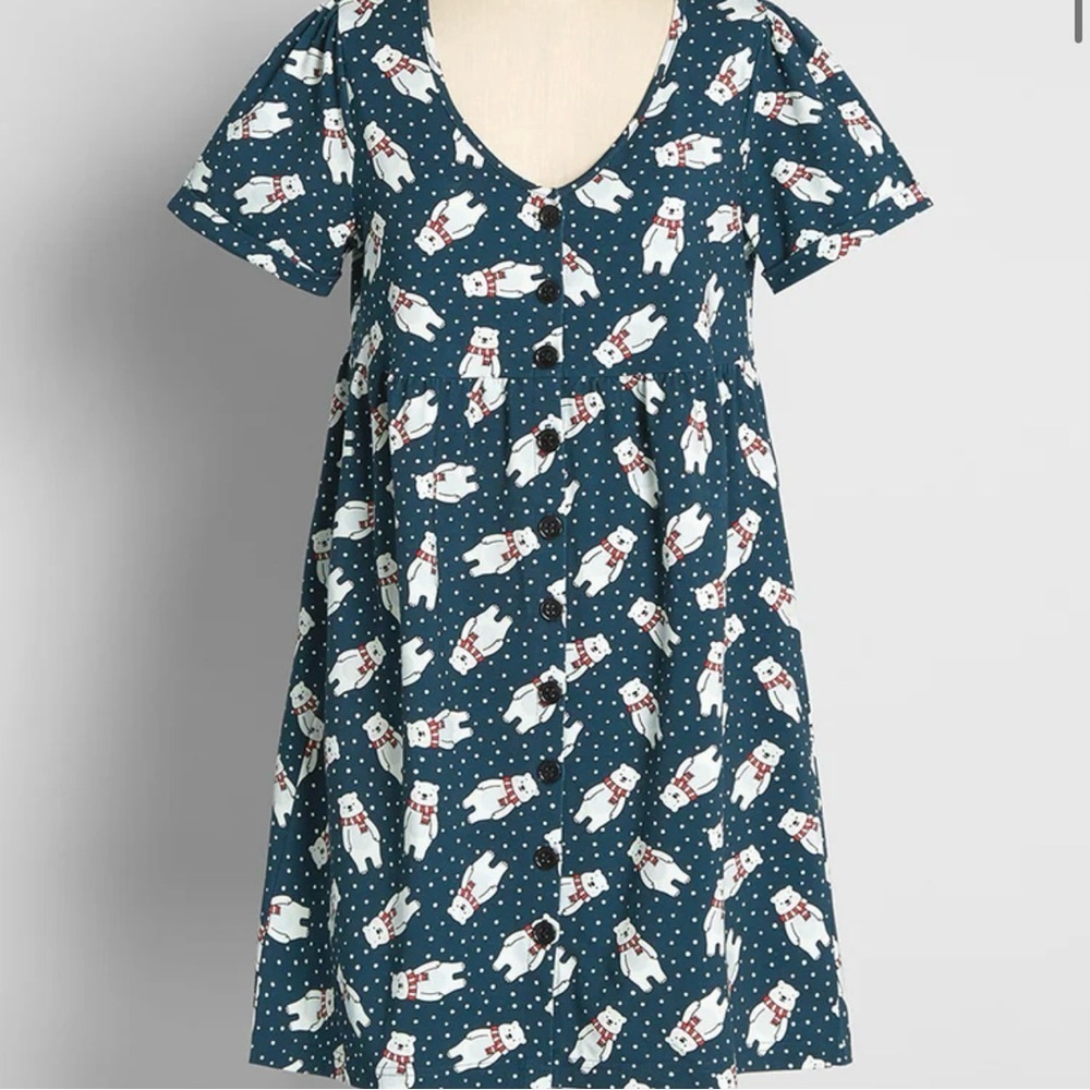 New ModCloth Pleased With Ease Babydoll Dress Navy Blue Polar Bears